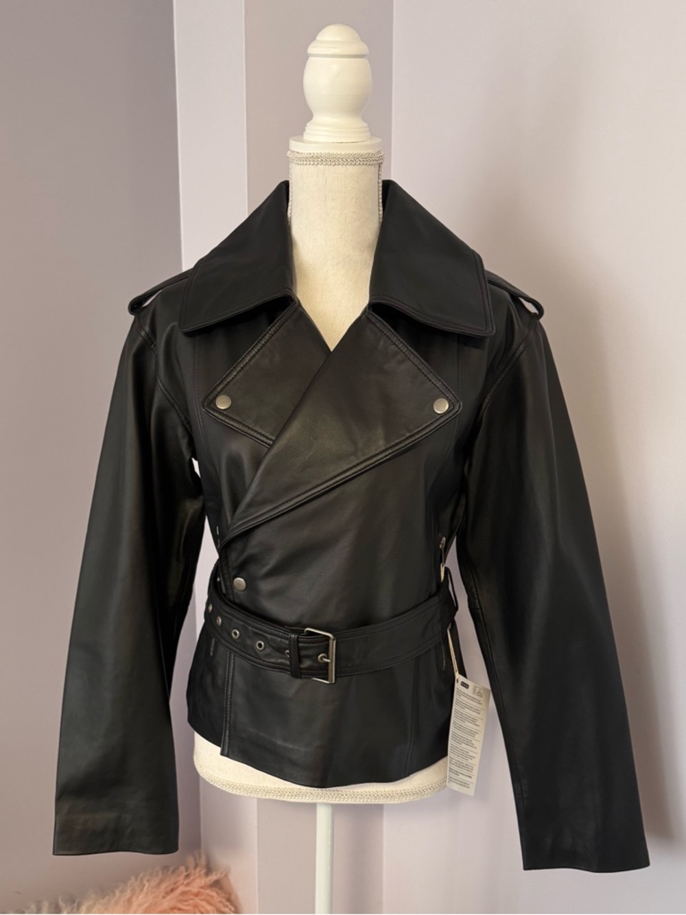 [NWT] Classic Black Lambs Leather Belted Moto Jacket - Women